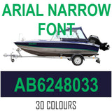 Boat numbers Canada. Boat licence numbers decals.  ARIAL NARROW font.