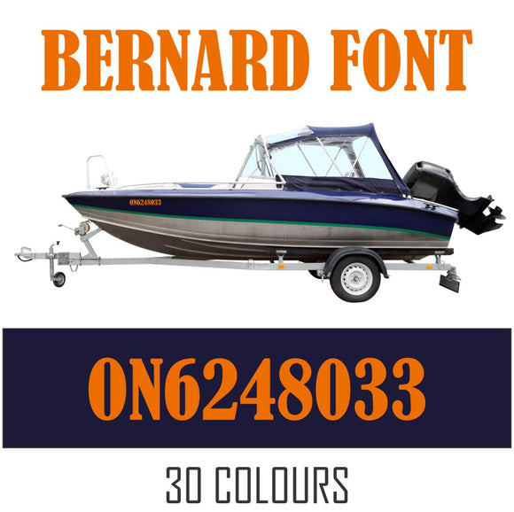Boat numbers Canada. Boat licence numbers decals.  BERNARD font.